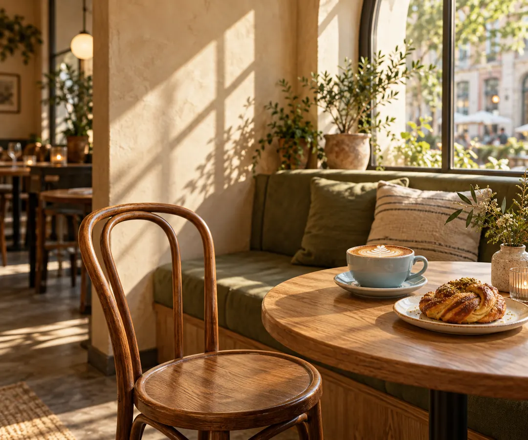 A cappuccino and cardamom knot sit on an oak table beside an inviting empty chair in a sunlit cafe window nook.